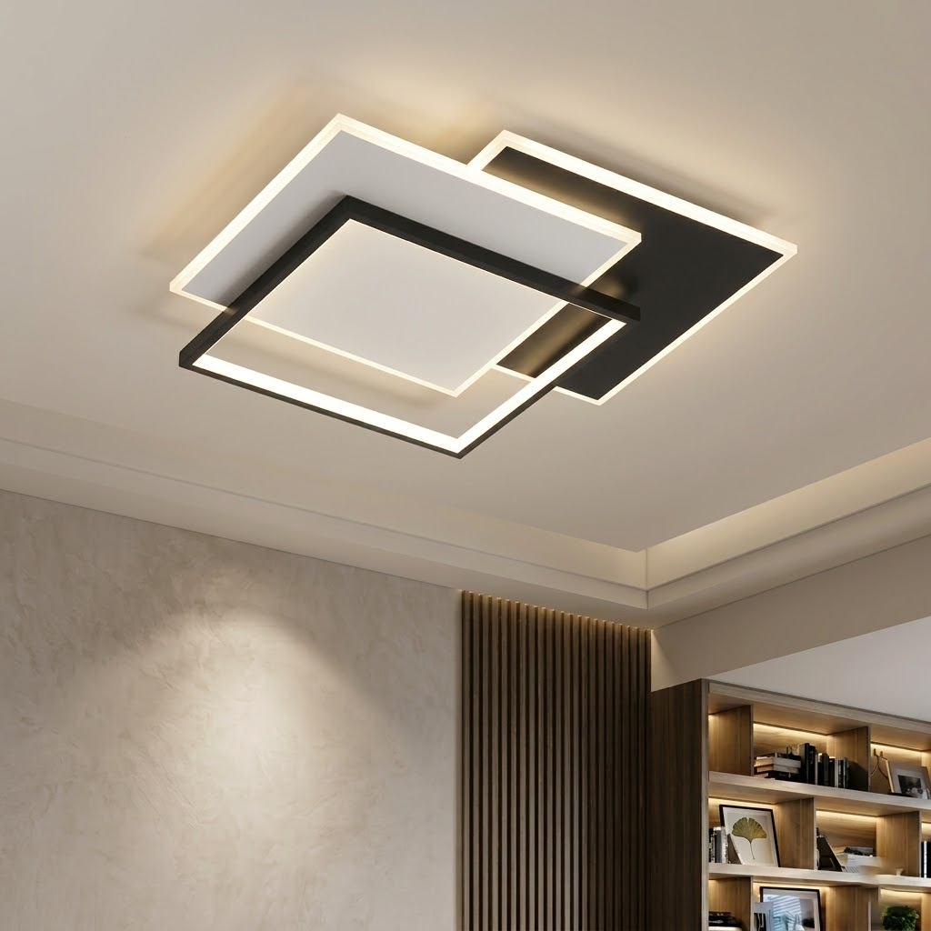 Modern Rectangle LED Ceiling Light - Ultra-Thin Minimalist Chandelier for Living Room & Kitchen, Black & White Finish, Tricolor Light