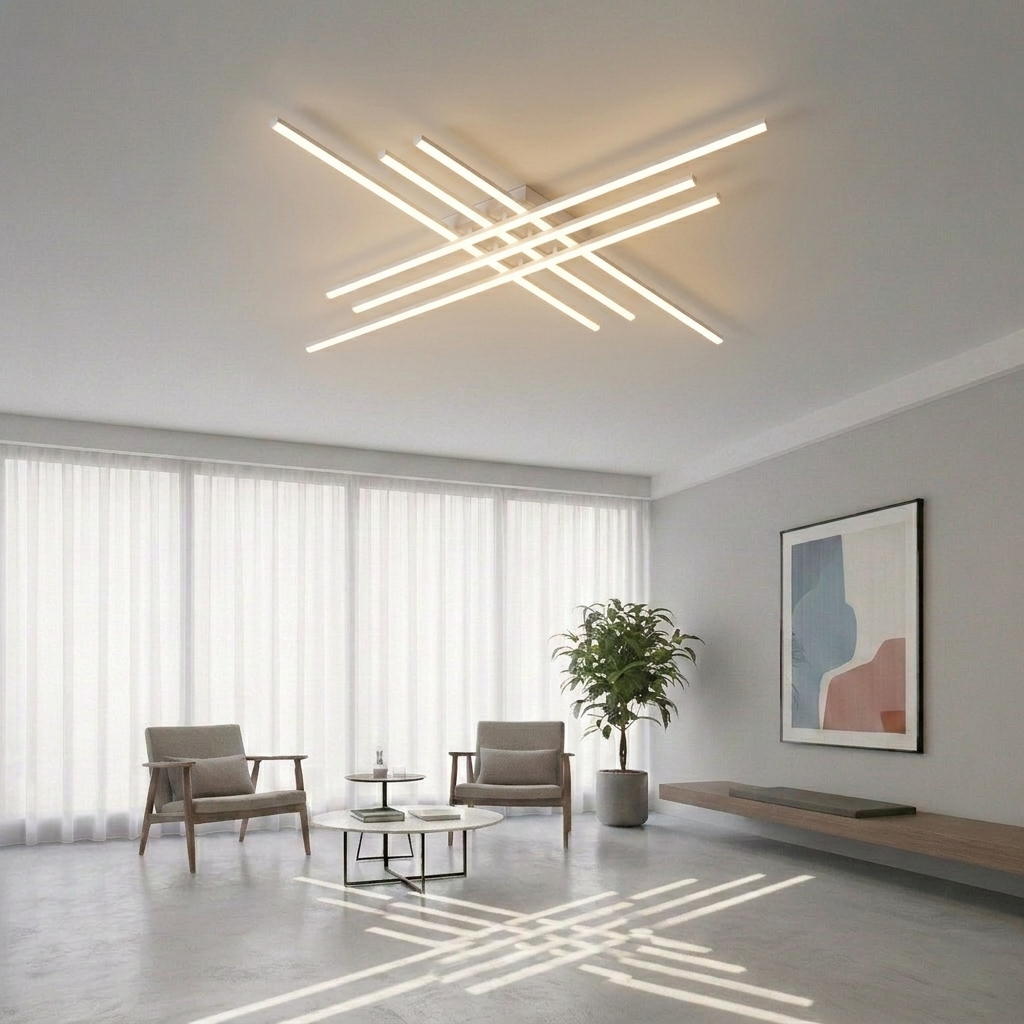 Modern Linear LED Flush Mount Ceiling Light - Black Crossed Bars Chandelier for Living Room, Dining Room & Bedroom (Dimmable with Remote Option)