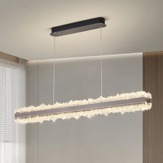 Modern Crystal-Style LED Linear Chandelier - Rose Gold Ice Glass Pendant Light for Dining Table, 40-Inch (100cm), Tricolor Light