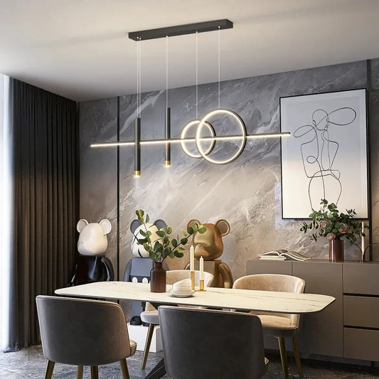 Modern Linear LED Chandelier - Minimalist Ring & Bar Pendant Light for Dining Room, 40-Inch (100cm) Golden Finish, Dimmable with Remote