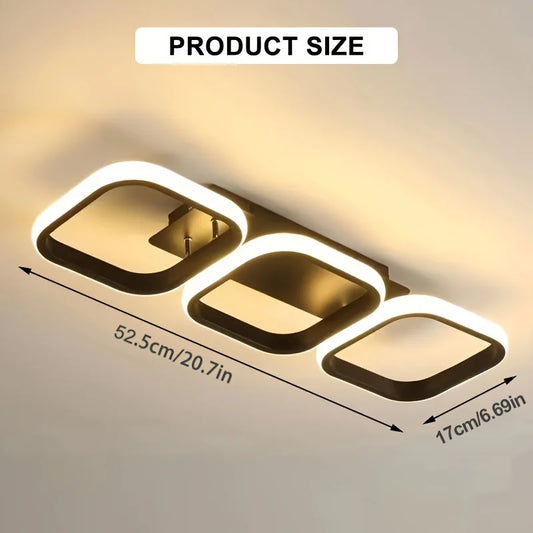 Modern 3-Square LED Flush Mount Ceiling Light - Black Linear Acrylic Fixture for Kitchen Island, Hallway & Dining Room (Color Changeable)