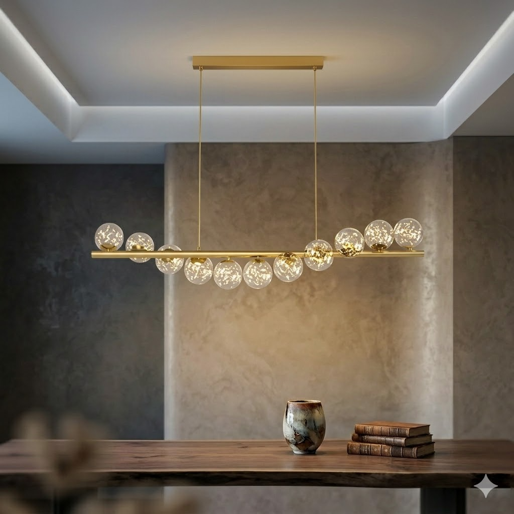 Modern Linear Globe Chandelier - 11-Light Mid-Century Pendant Lamp for Dining Room, 44-Inch (112cm) Gold Finish, Glass Sphere Lighting
