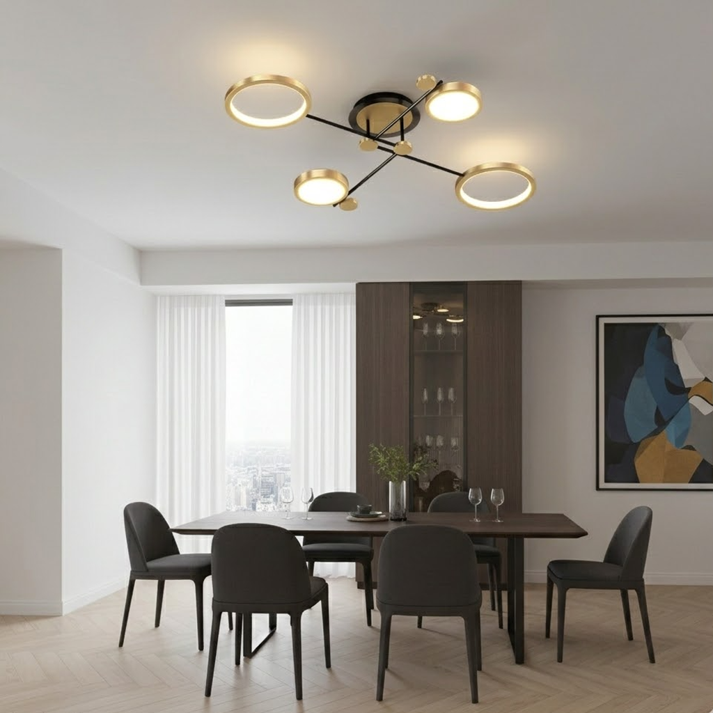 Modern Branching Rings LED Flush Mount Ceiling Light - Black & Gold 4-Head Fixture for Living Room & Bedroom (Dimmable with Remote)