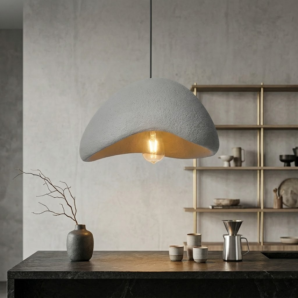 Modern Wabi-Sabi Pendant Light - Stone-Texture LED Chandelier for Living Room, Large 32-Inch Gray Hanging Lamp, Warm White Lighting