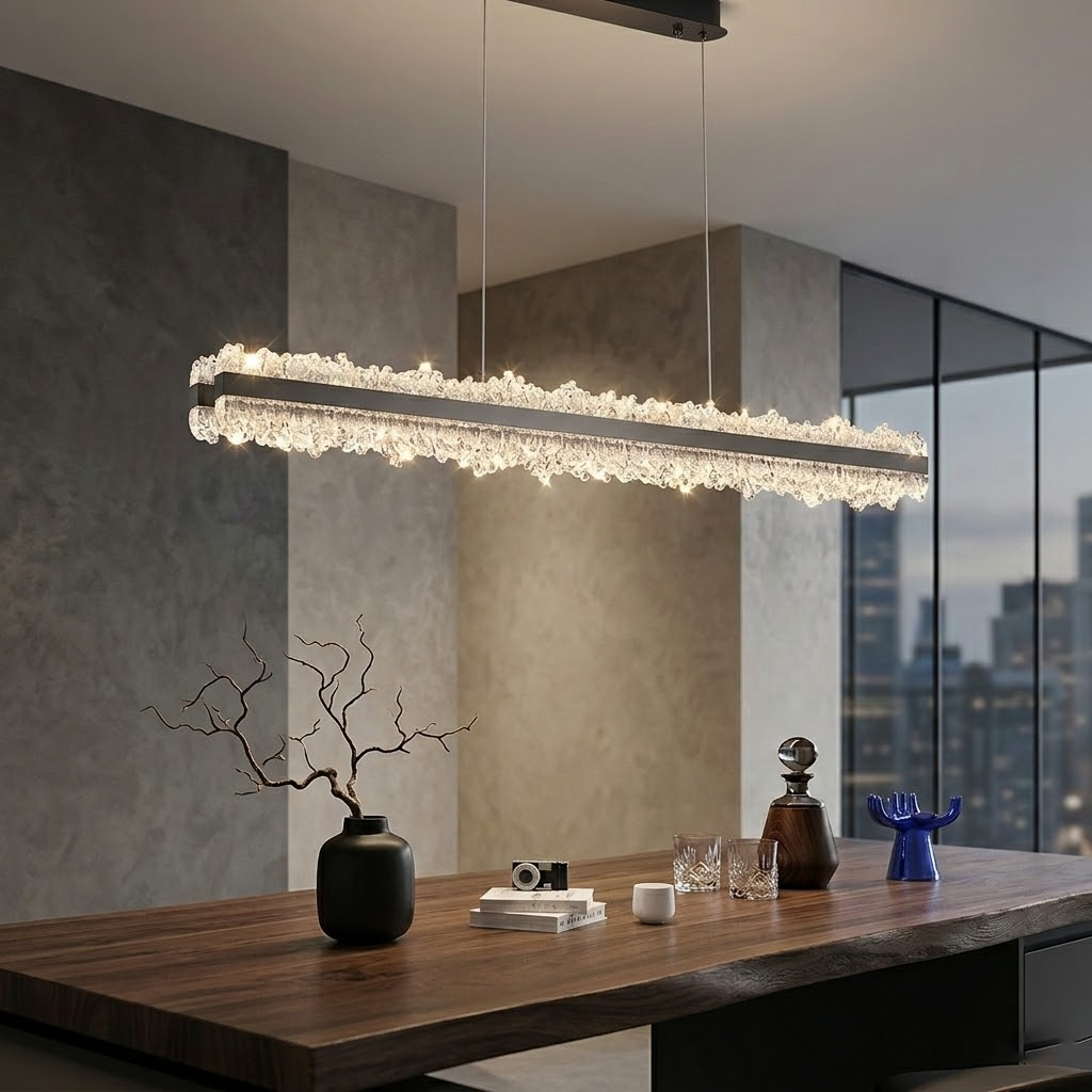 Modern Crystal-Style LED Linear Chandelier - Rose Gold Ice Glass Pendant Light for Dining Table, 40-Inch (100cm), Tricolor Light