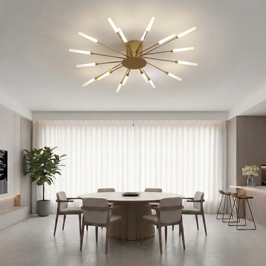 Modern Luxury Firework LED Flush Mount Ceiling Light - Gold Spoke Semi-Chandelier for Living Room, Dining Room & Bedroom (Dimmable with Remote Option)