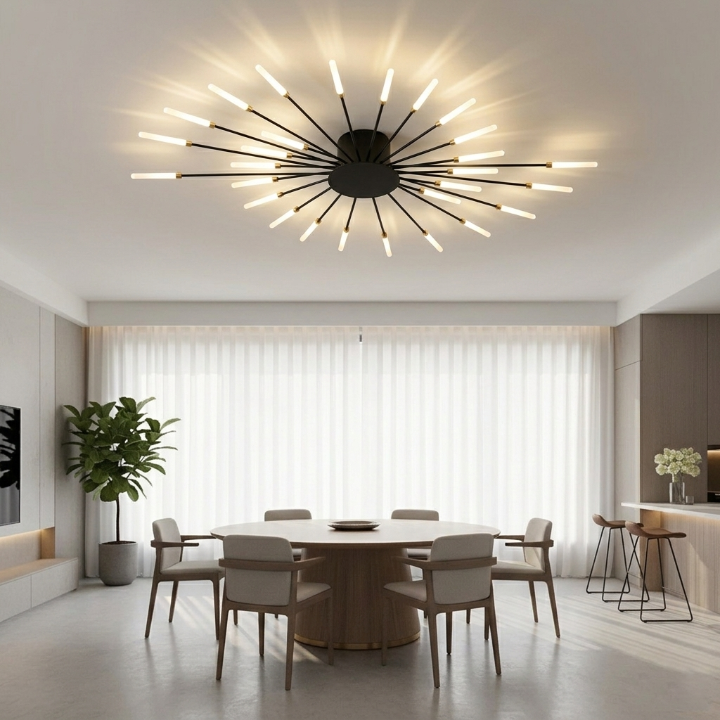 Modern Luxury Firework LED Flush Mount Ceiling Light - Gold Spoke Semi-Chandelier for Living Room, Dining Room & Bedroom (Dimmable with Remote Option)