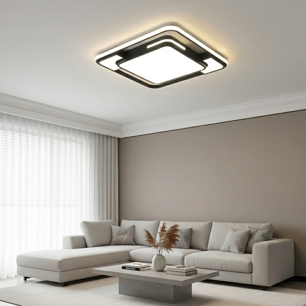 Modern Double-Frame LED Flush Mount Ceiling Light - Geometric Acrylic Fixture for Living Room, Dining Room & Bedroom (Dimmable with Remote Option)