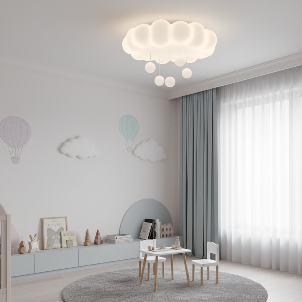 Modern White Cloud LED Flush Mount Ceiling Light - Cute Bubble Fixture with Hanging Orbs for Kids Room & Nursery (50cm, Dimmable Option)