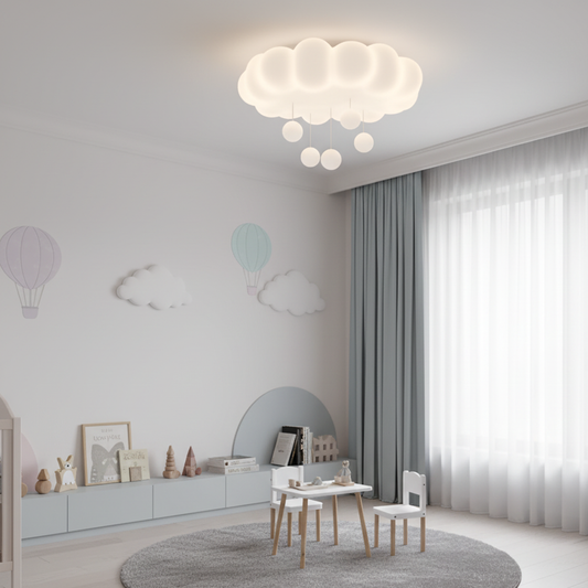 Modern White Cloud LED Flush Mount Ceiling Light - Cute Bubble Fixture with Hanging Orbs for Kids Room & Nursery (50cm, Dimmable Option)