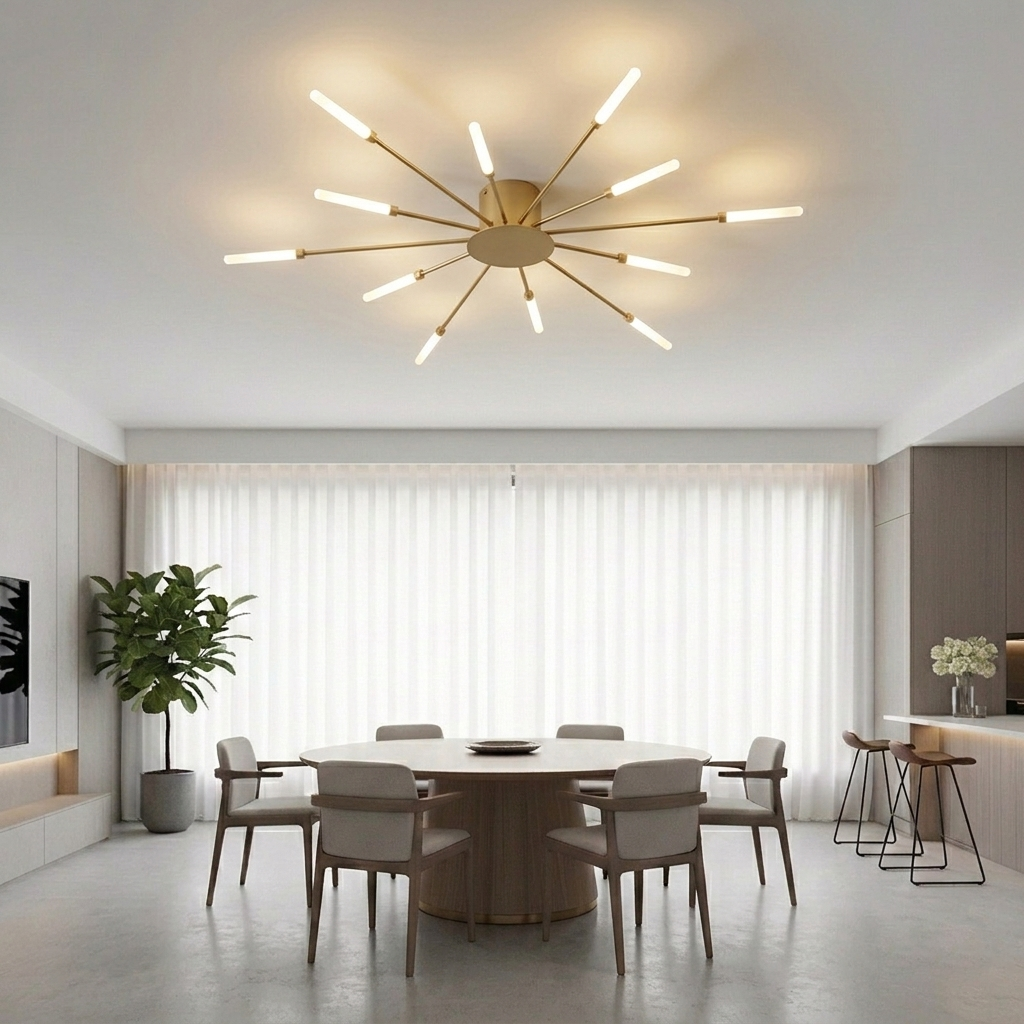 Modern Luxury Firework LED Flush Mount Ceiling Light - Gold Spoke Semi-Chandelier for Living Room, Dining Room & Bedroom (Dimmable with Remote Option)