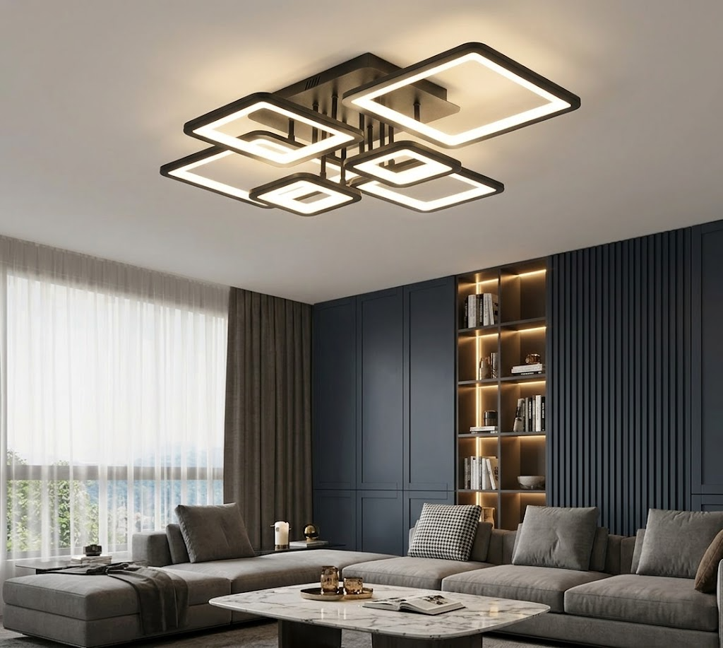 Modern Geometric Square LED Chandelier - Flush Mount Ceiling Light for Living Room, 12-Lights, Dimmable Cold White, Black & White Finish