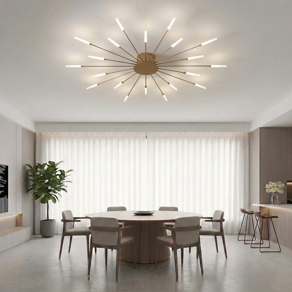 Modern Luxury Firework LED Flush Mount Ceiling Light - Gold Spoke Semi-Chandelier for Living Room, Dining Room & Bedroom (Dimmable with Remote Option)