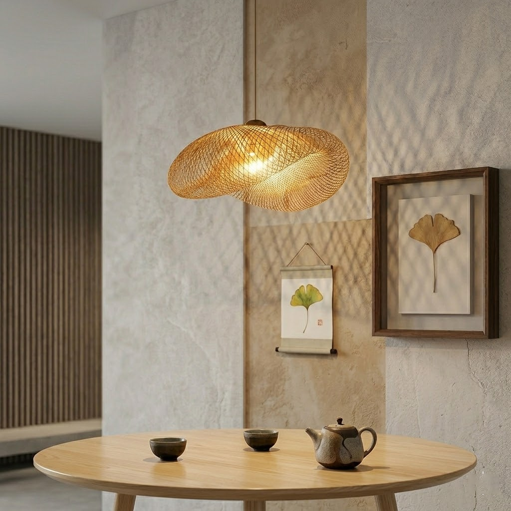 Modern Bamboo Weaving Pendant Light - Wabi-Sabi Style Hanging Lamp for Dining Room, 32-Inch (80cm) Large Handwoven Chandelier, Natural Wood Finish