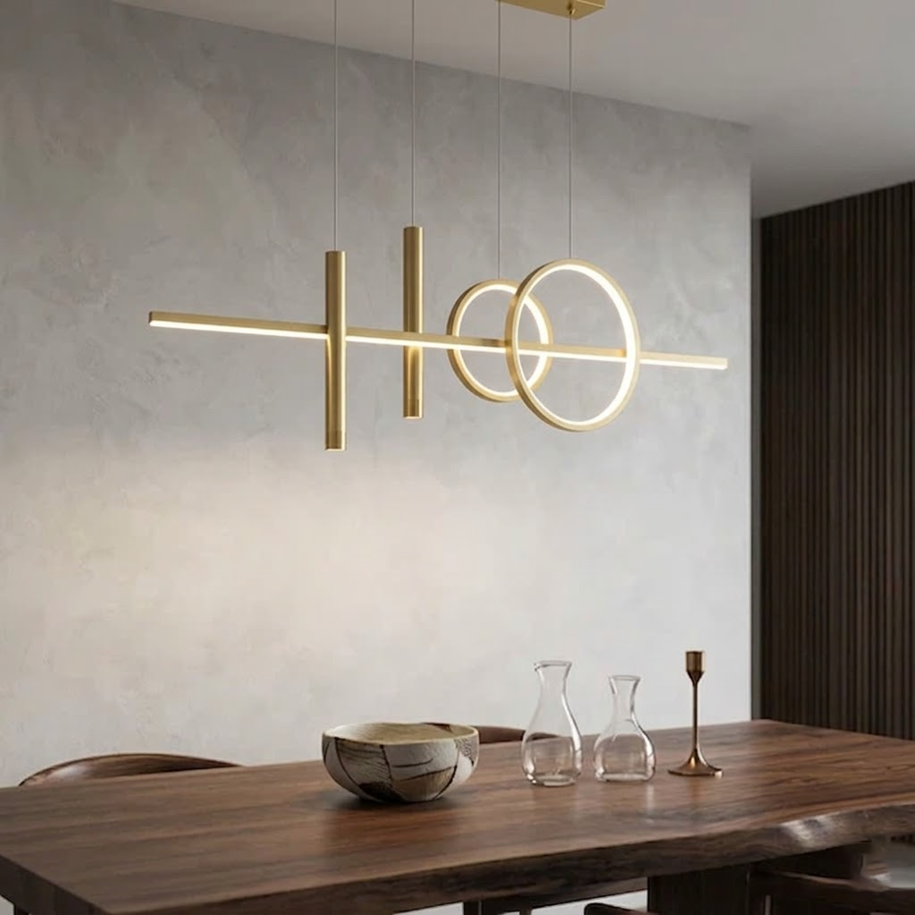 Modern Linear LED Chandelier - Minimalist Ring & Bar Pendant Light for Dining Room, 40-Inch (100cm) Golden Finish, Dimmable with Remote