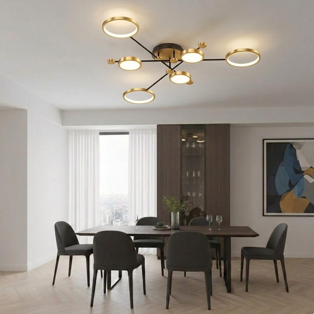 Modern Branching Rings LED Flush Mount Ceiling Light - Black & Gold 4-Head Fixture for Living Room & Bedroom (Dimmable with Remote)