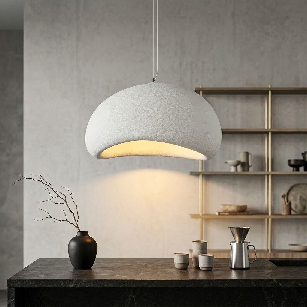 Modern Wabi-Sabi Pendant Light - Stone-Texture LED Chandelier for Living Room, Large 32-Inch Gray Hanging Lamp, Warm White Lighting