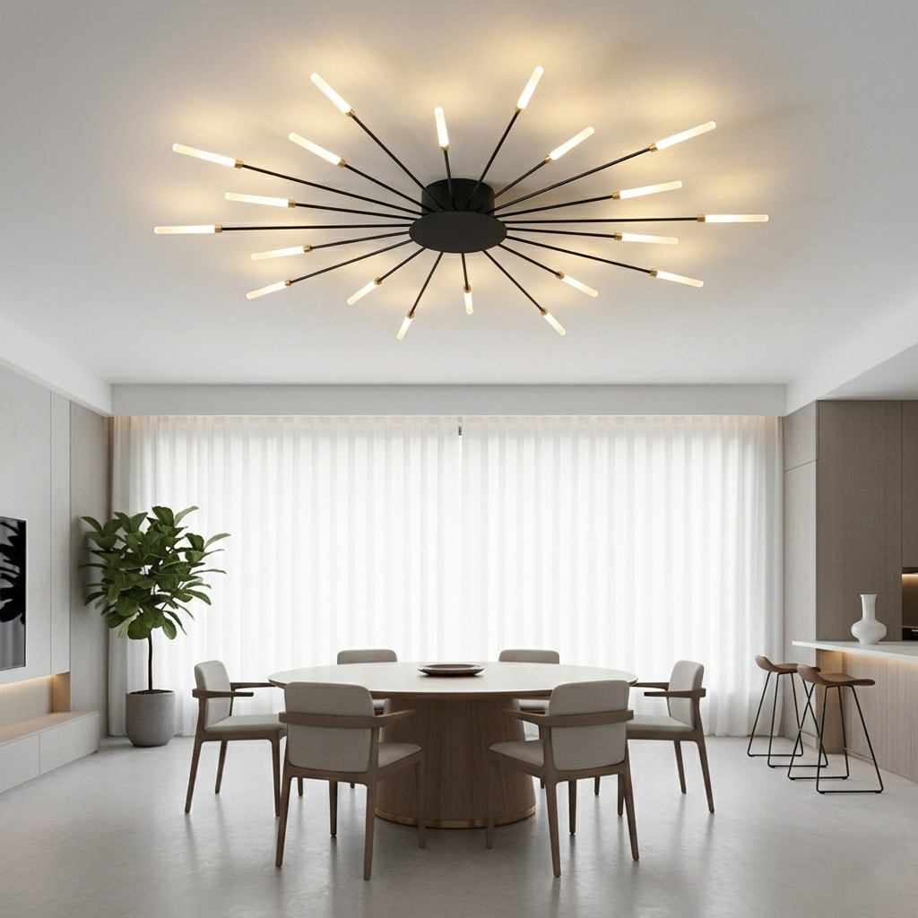 Modern Luxury Firework LED Flush Mount Ceiling Light - Gold Spoke Semi-Chandelier for Living Room, Dining Room & Bedroom (Dimmable with Remote Option)
