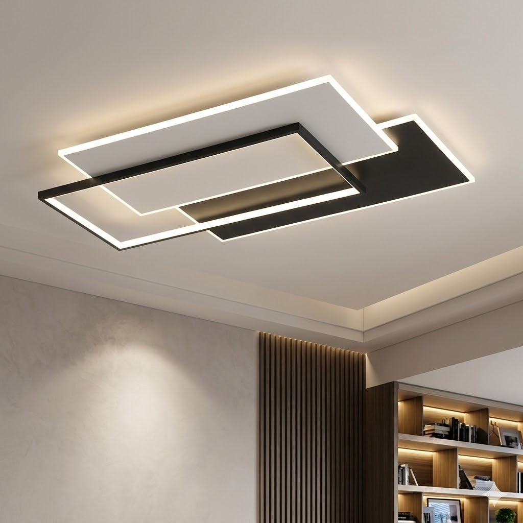 Modern Rectangle LED Ceiling Light - Ultra-Thin Minimalist Chandelier for Living Room & Kitchen, Black & White Finish, Tricolor Light