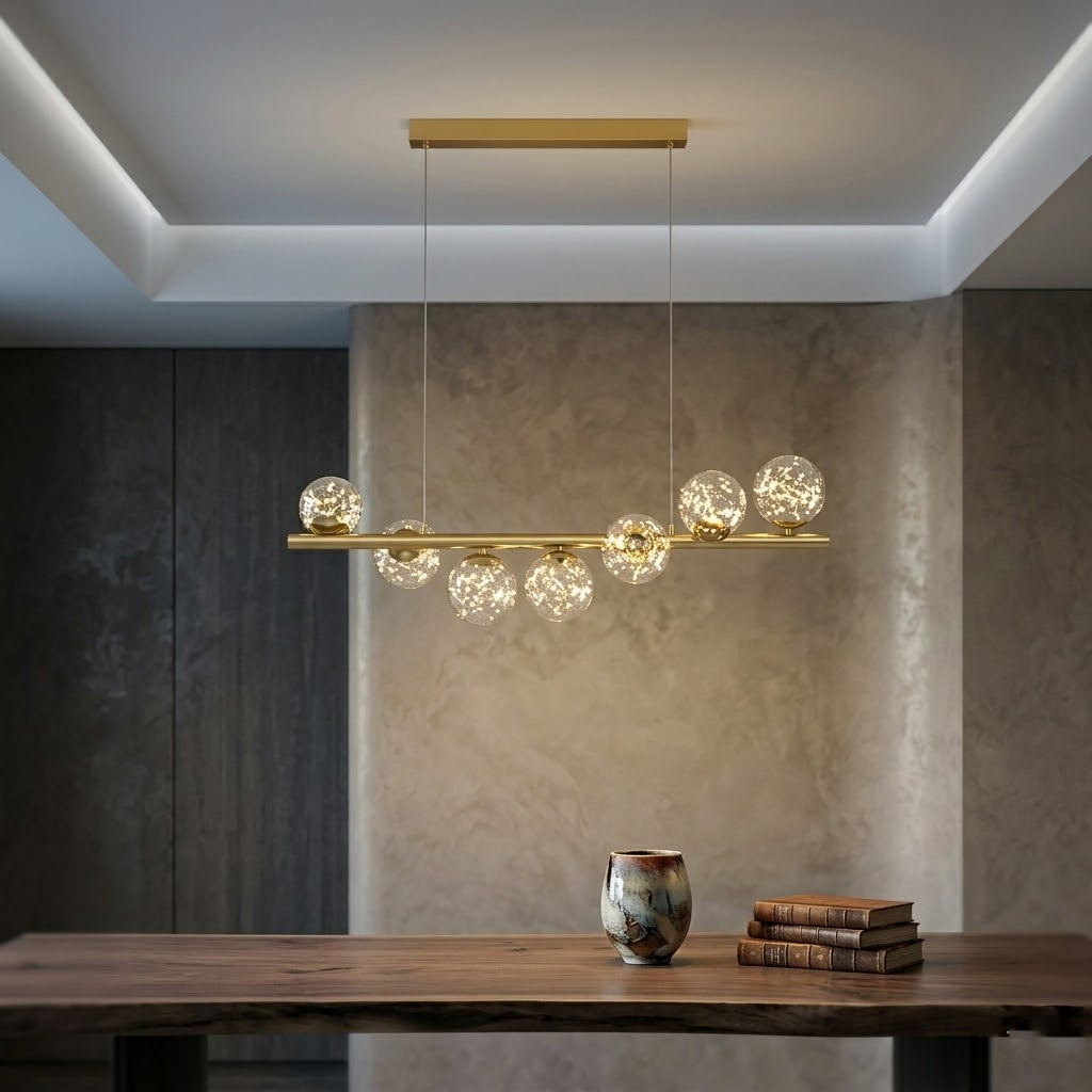 Modern Linear Globe Chandelier - 11-Light Mid-Century Pendant Lamp for Dining Room, 44-Inch (112cm) Gold Finish, Glass Sphere Lighting