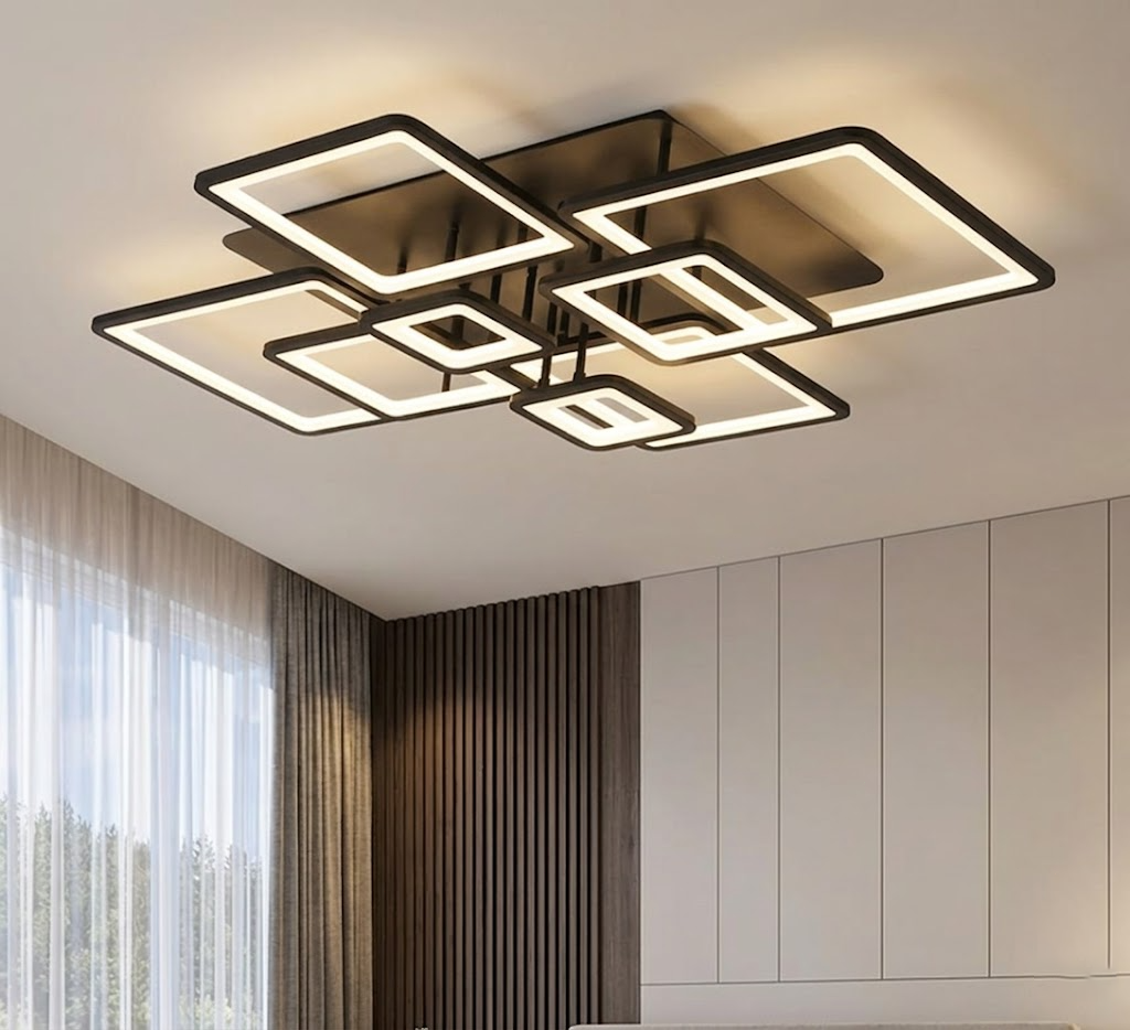 Modern Geometric Square LED Chandelier - Flush Mount Ceiling Light for Living Room, 12-Lights, Dimmable Cold White, Black & White Finish