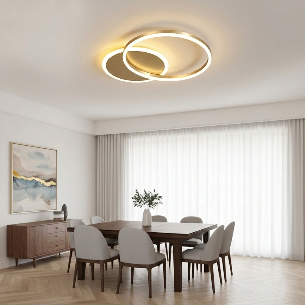 Modern Interlocking Rings LED Flush Mount Ceiling Light - Gold Acrylic Geometric Fixture for Living Room & Bedroom (Dimmable with Remote Option)