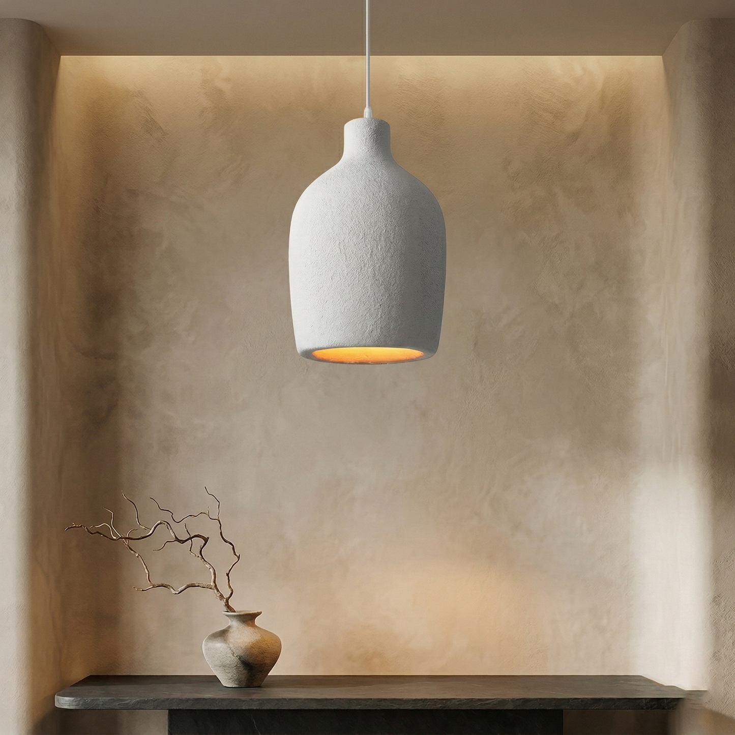 Wabi Sabi Travertine Style Pendant Light, Nordic Minimalist LED Chandelier for Living Room Dining Bedroom, Brown High Density Polyethylene, 35cm x 51cm