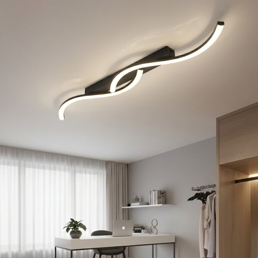 Modern S-Curve LED Flush Mount Ceiling Light - Black Linear Acrylic Fixture for Bedroom, Walk-in Closet & Hallway (Tricolor Option)