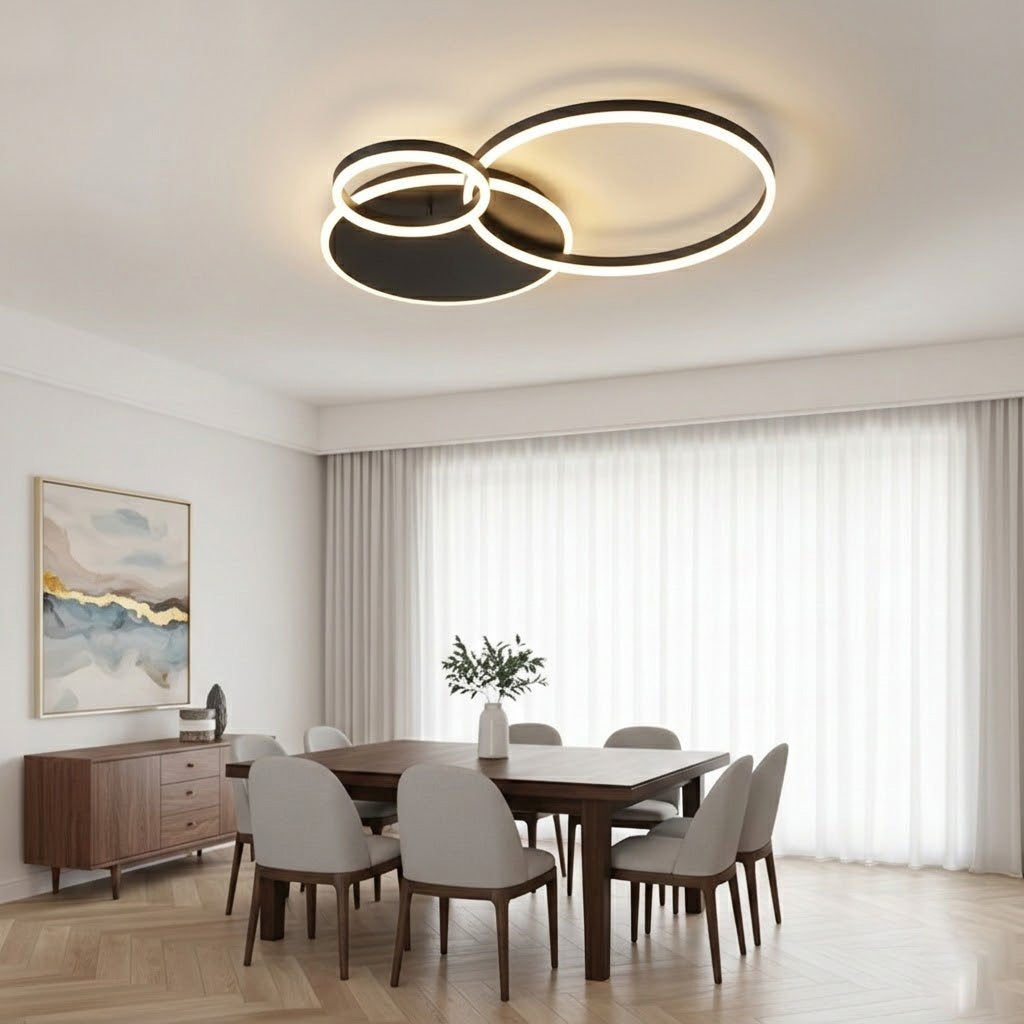 Modern Interlocking Rings LED Flush Mount Ceiling Light - Gold Acrylic Geometric Fixture for Living Room & Bedroom (Dimmable with Remote Option)