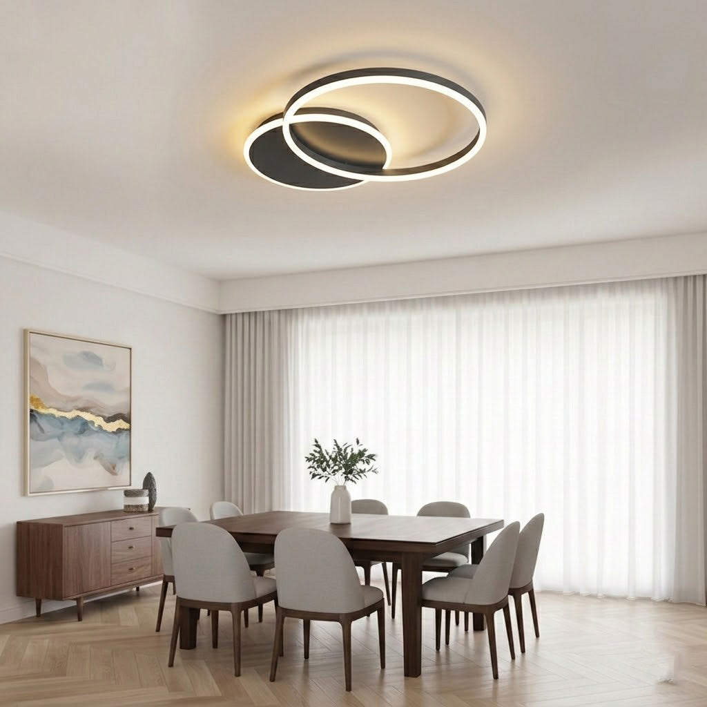 Modern Interlocking Rings LED Flush Mount Ceiling Light - Gold Acrylic Geometric Fixture for Living Room & Bedroom (Dimmable with Remote Option)