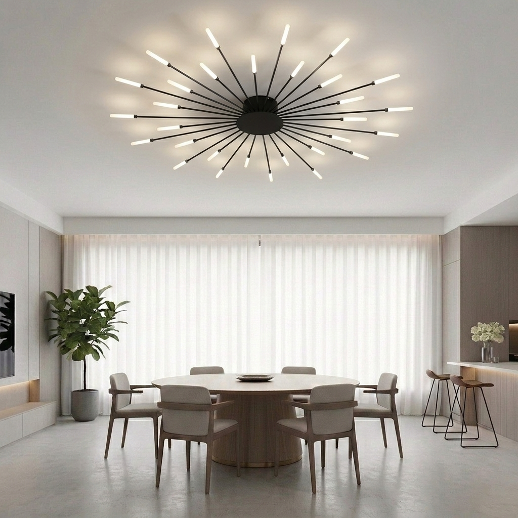 Modern Luxury Firework LED Flush Mount Ceiling Light - Gold Spoke Semi-Chandelier for Living Room, Dining Room & Bedroom (Dimmable with Remote Option)