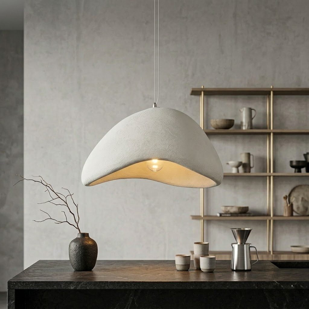 Modern Wabi-Sabi Pendant Light - Stone-Texture LED Chandelier for Living Room, Large 32-Inch Gray Hanging Lamp, Warm White Lighting