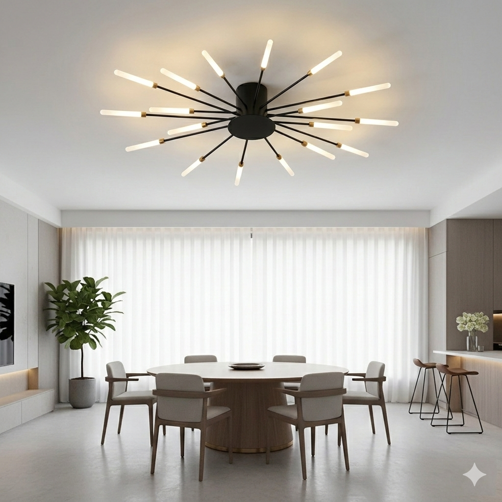 Modern Luxury Firework LED Flush Mount Ceiling Light - Gold Spoke Semi-Chandelier for Living Room, Dining Room & Bedroom (Dimmable with Remote Option)