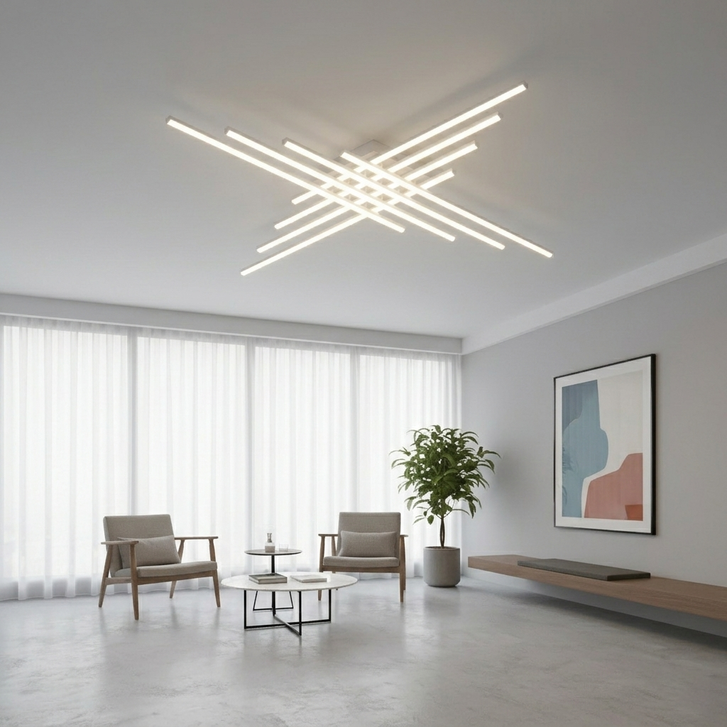 Modern Linear LED Flush Mount Ceiling Light - Black Crossed Bars Chandelier for Living Room, Dining Room & Bedroom (Dimmable with Remote Option)