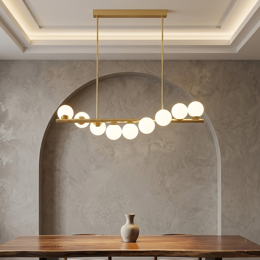 Modern Linear Globe Chandelier - 11-Light Mid-Century Pendant Lamp for Dining Room, 44-Inch (112cm) Gold Finish, Glass Sphere Lighting