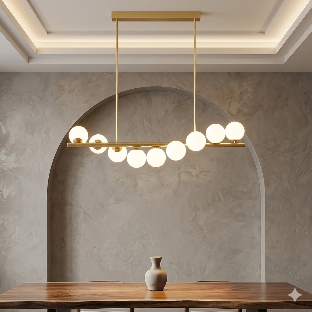 Modern Linear Globe Chandelier - 11-Light Mid-Century Pendant Lamp for Dining Room, 44-Inch (112cm) Gold Finish, Glass Sphere Lighting