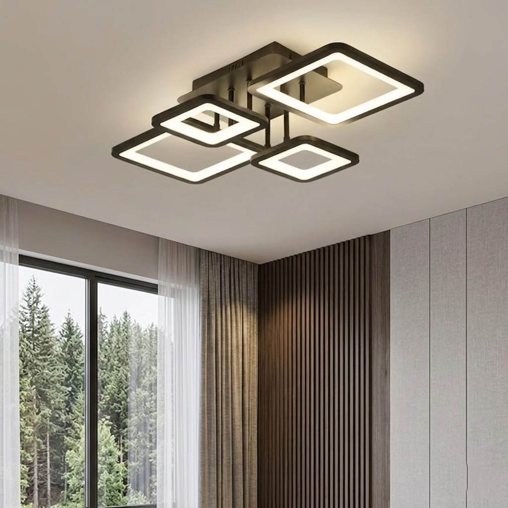 Modern Geometric Square LED Chandelier - Flush Mount Ceiling Light for Living Room, 12-Lights, Dimmable Cold White, Black & White Finish