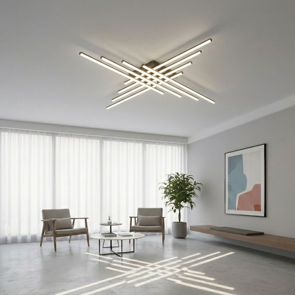 Modern Linear LED Flush Mount Ceiling Light - Black Crossed Bars Chandelier for Living Room, Dining Room & Bedroom (Dimmable with Remote Option)