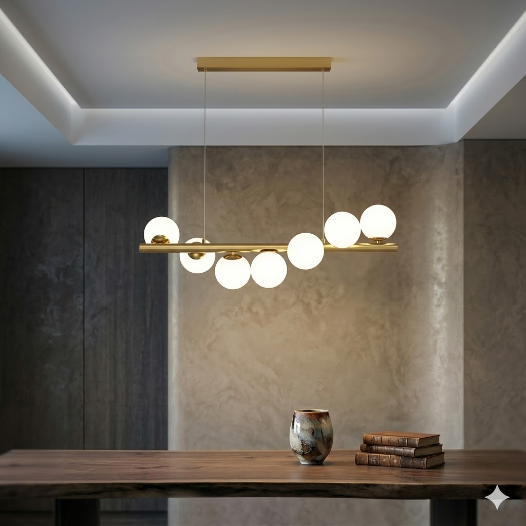 Modern Linear Globe Chandelier - 11-Light Mid-Century Pendant Lamp for Dining Room, 44-Inch (112cm) Gold Finish, Glass Sphere Lighting