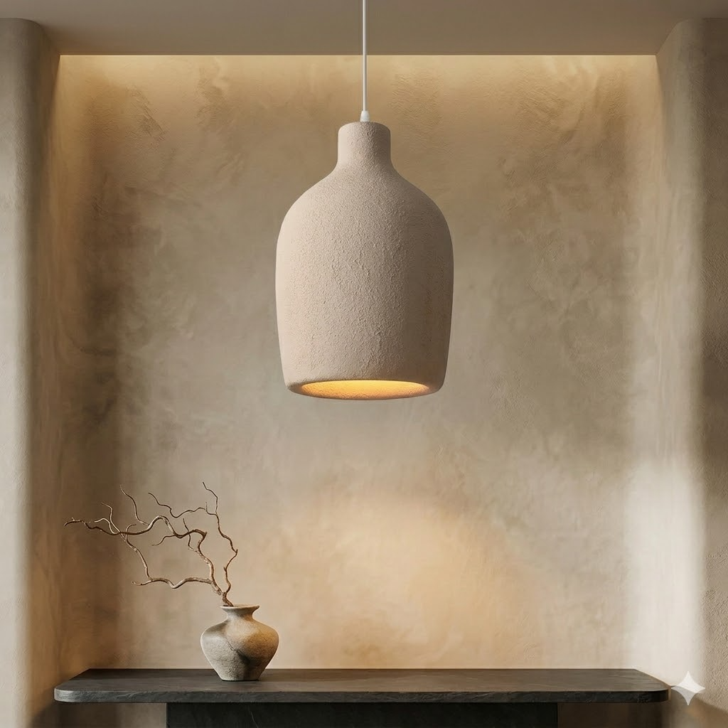 Wabi Sabi Travertine Style Pendant Light, Nordic Minimalist LED Chandelier for Living Room Dining Bedroom, Brown High Density Polyethylene, 35cm x 51cm