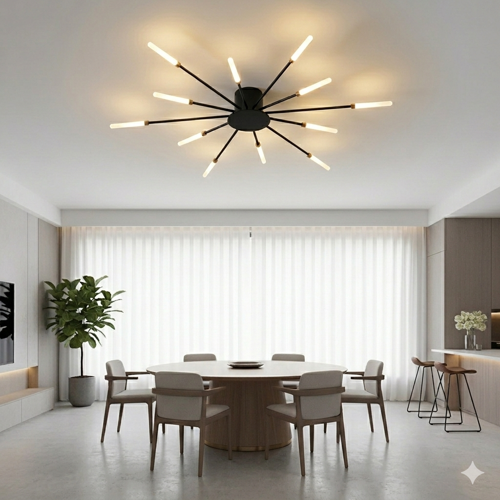 Modern Luxury Firework LED Flush Mount Ceiling Light - Gold Spoke Semi-Chandelier for Living Room, Dining Room & Bedroom (Dimmable with Remote Option)