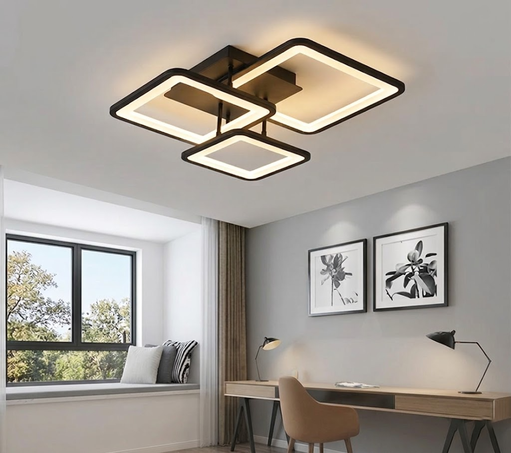 Modern Geometric Square LED Chandelier - Flush Mount Ceiling Light for Living Room, 12-Lights, Dimmable Cold White, Black & White Finish