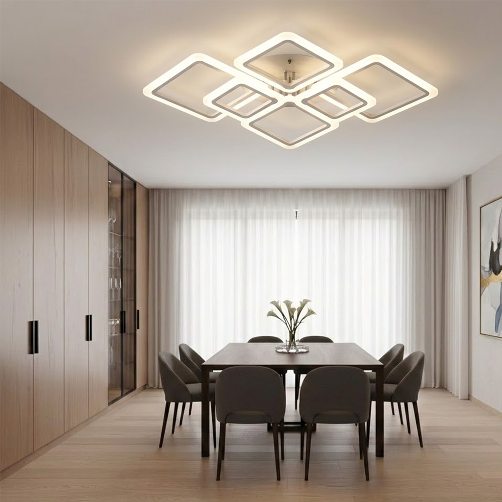 Modern Geometric Squares LED Flush Mount Ceiling Light - White Multi-Head Acrylic Fixture for Living Room & Bedroom (Dimmable with Remote Option)