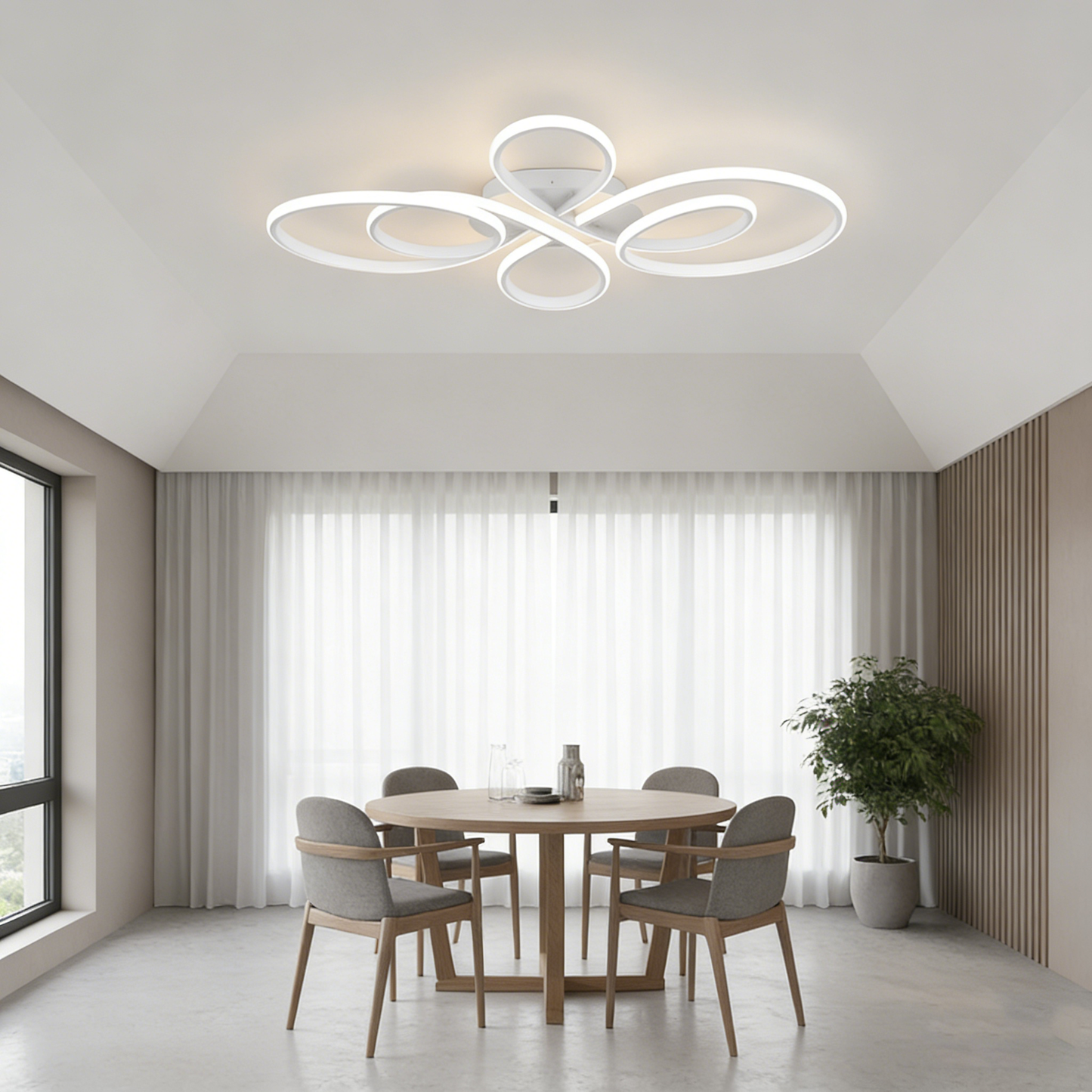 Modern Curves LED Flush Mount Ceiling Light - Black Geometric Floral Fixture for Living Room, Dining Room & Bedroom (Dimmable with Remote Option)