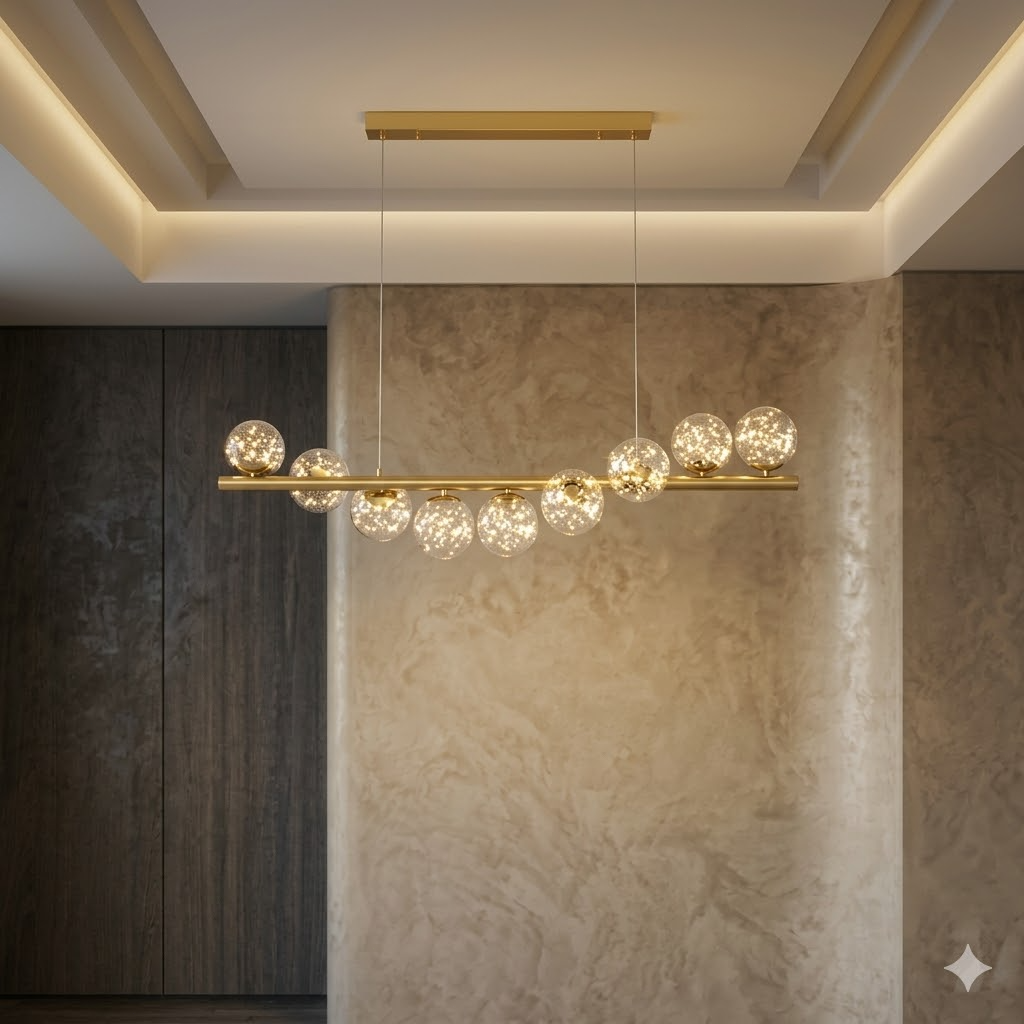 Modern Linear Globe Chandelier - 11-Light Mid-Century Pendant Lamp for Dining Room, 44-Inch (112cm) Gold Finish, Glass Sphere Lighting