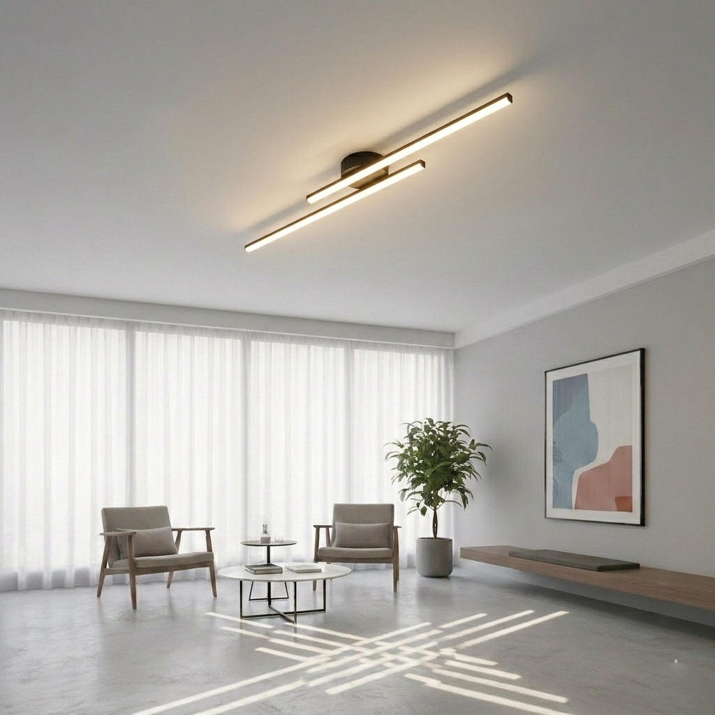 Modern Linear LED Flush Mount Ceiling Light - Black Crossed Bars Chandelier for Living Room, Dining Room & Bedroom (Dimmable with Remote Option)