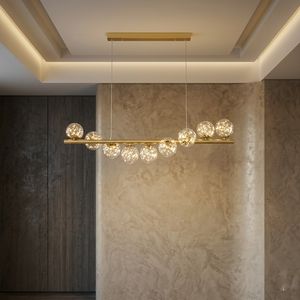 Modern Linear Globe Chandelier - 11-Light Mid-Century Pendant Lamp for Dining Room, 44-Inch (112cm) Gold Finish, Glass Sphere Lighting