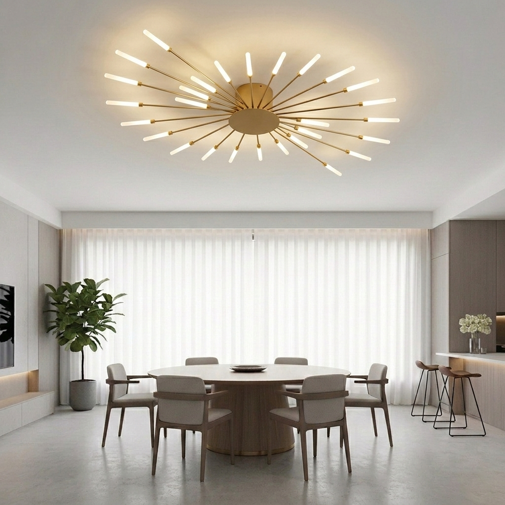 Modern Luxury Firework LED Flush Mount Ceiling Light - Gold Spoke Semi-Chandelier for Living Room, Dining Room & Bedroom (Dimmable with Remote Option)