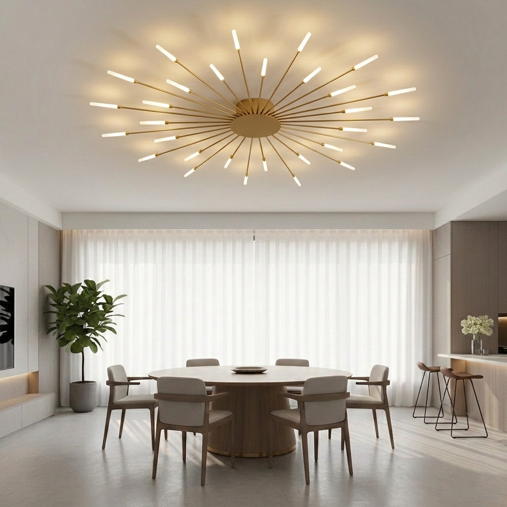 Modern Luxury Firework LED Flush Mount Ceiling Light - Gold Spoke Semi-Chandelier for Living Room, Dining Room & Bedroom (Dimmable with Remote Option)