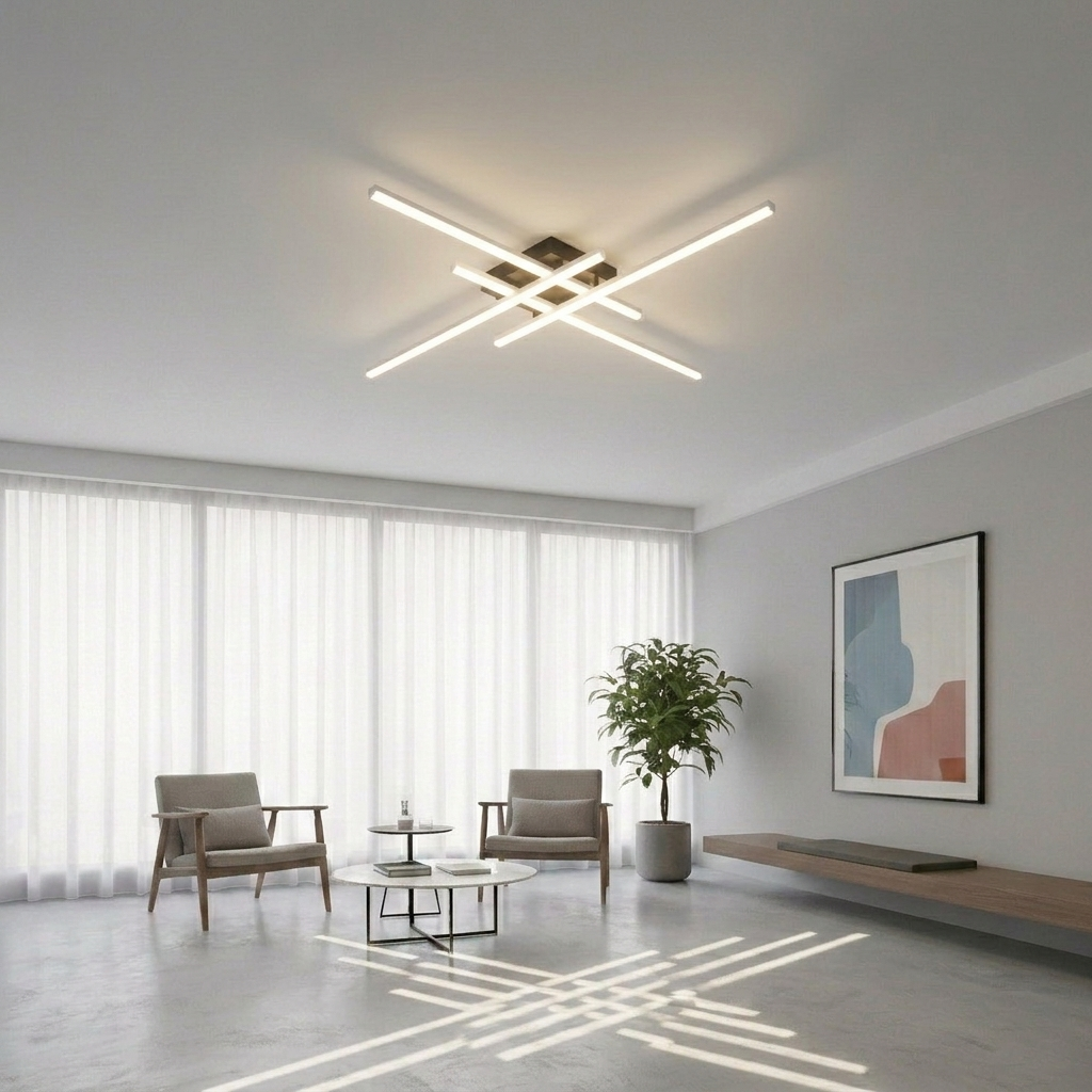 Modern Linear LED Flush Mount Ceiling Light - Black Crossed Bars Chandelier for Living Room, Dining Room & Bedroom (Dimmable with Remote Option)